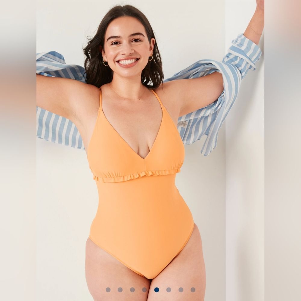 V-Neck Ruffle-Trim Cutout One-Piece Swimsuit in Mango Sorbet - Old Navy (M + 2X)